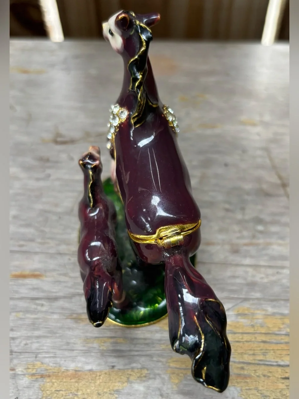 Mare & Foal Hand Painted Enameled Hinged Trinket Box with Crystal Accents 3”H